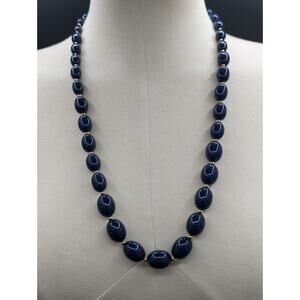 Monet Long Graduated Navy Blue Gold Tone Beaded Necklace Vintage